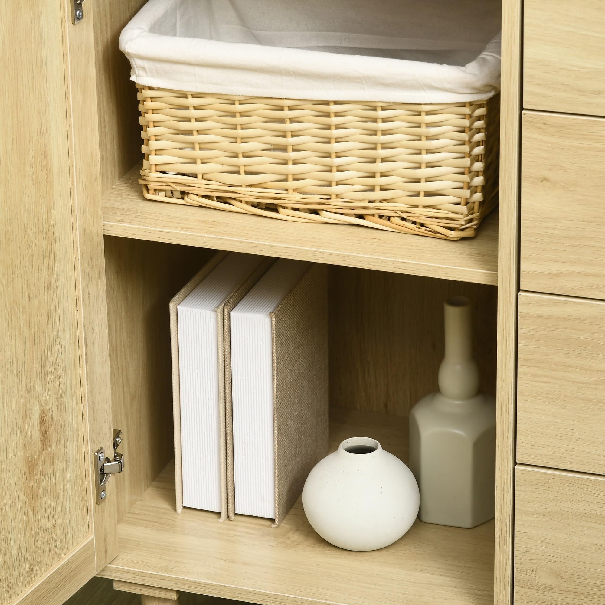 HOMCOM Credenza in rattan con anta in canna e 4 cassetti, credenza per sala da pranzo, soggiorno, camera da letto, 80 x 38 x 80,5 cm, effetto legno naturale