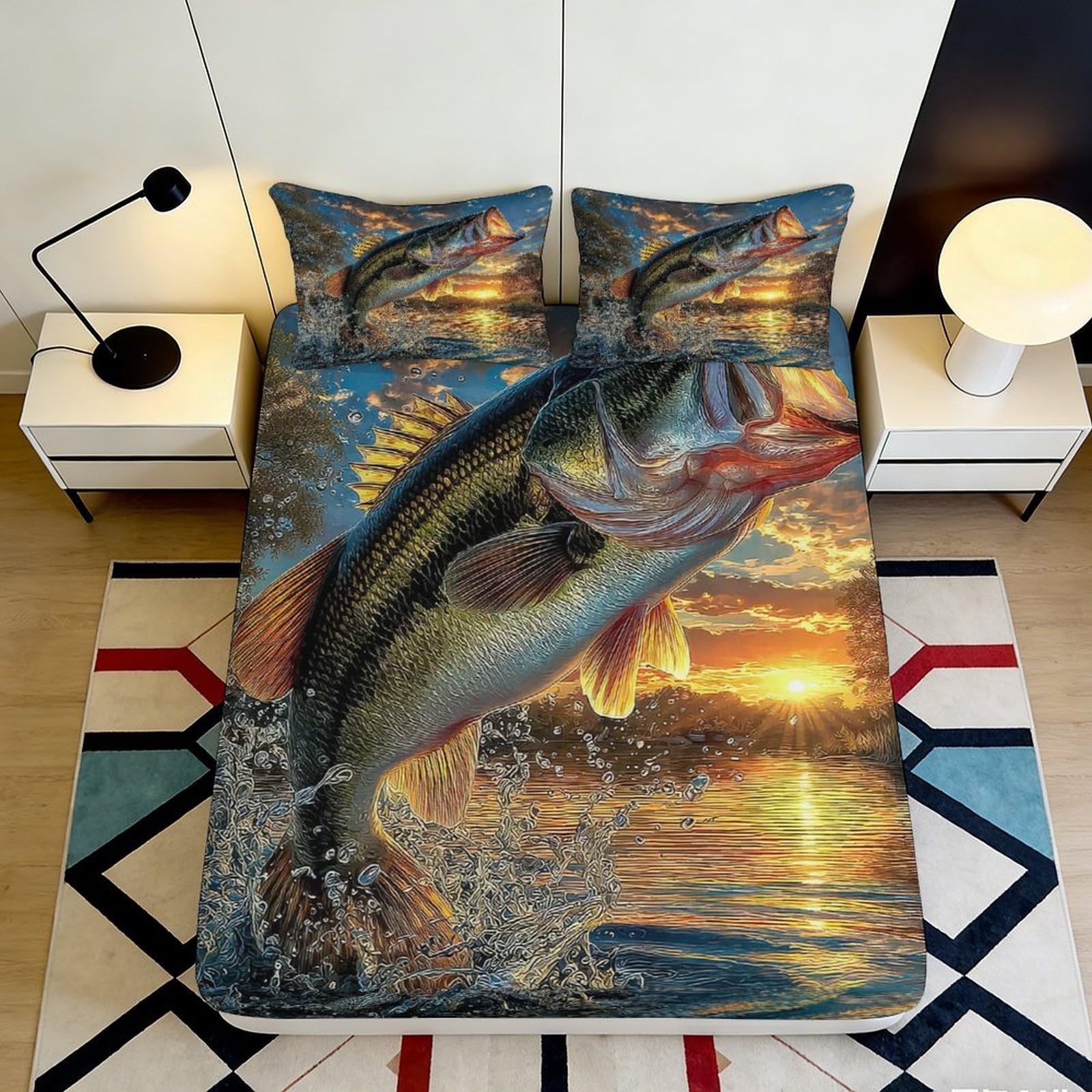 3D Printed Sunset Lake Fitted Sheet Microfiber Bass Fish Mattress Cover Splash Decor for Bedroom Guest Room Dorm Protection 90x200x25cm