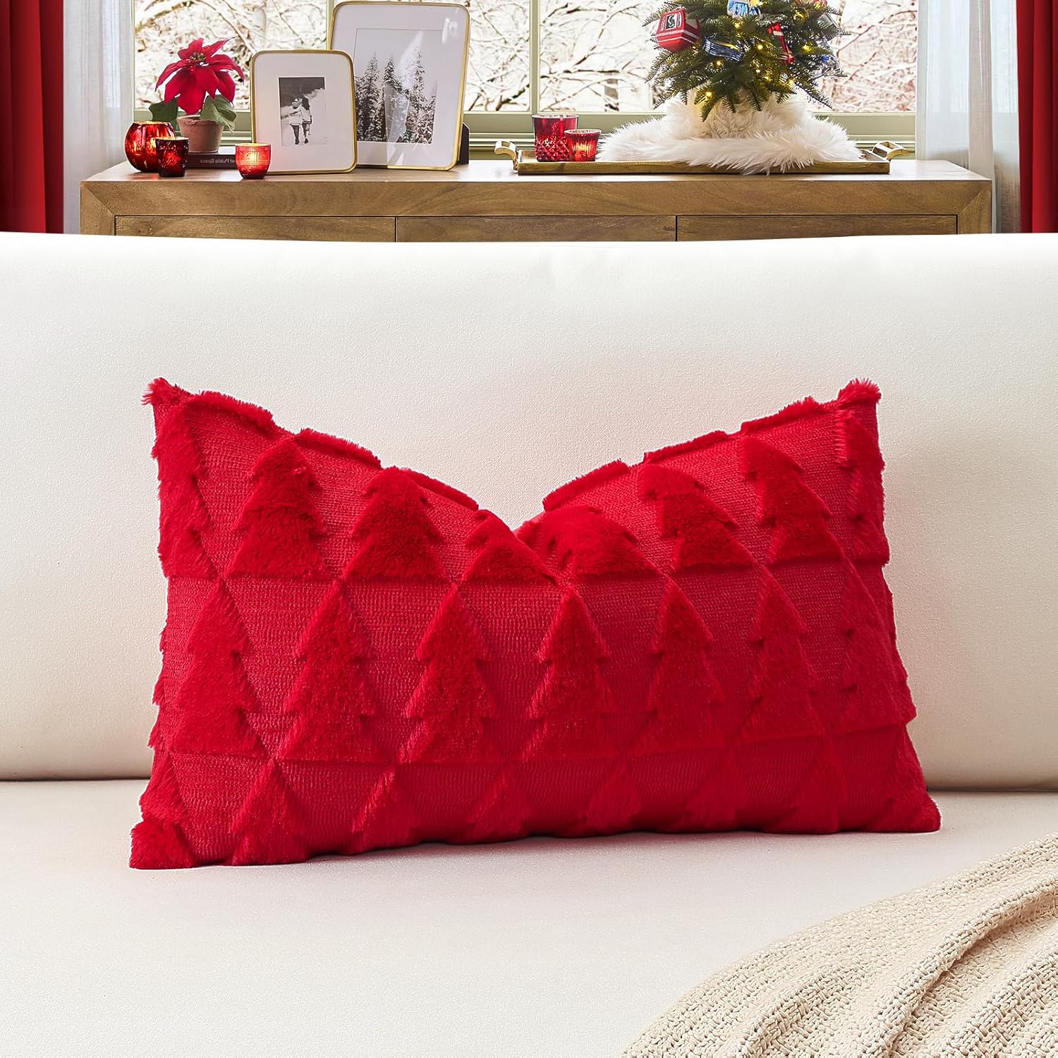 OTOSTAR Set of 1 Xmas Soft Plush Short Wool Velvet Decorative Throw Pillow Covers Rectangular Luxury Style Cushion Case Pillow Shell for Sofa Bedroom Christmas Tree Red, 12x20 Inch