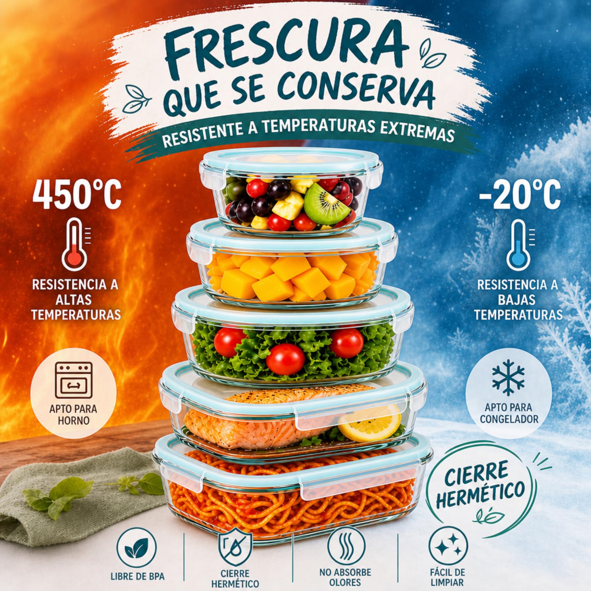 edihome, Recipientes de Cristal para alimentos, 14 Piezas (7 recipientes + 7 tapas), para Comida Hermetico, Apto para lavavajillas, congelador, microondas, sin BPA (7 Recipientes)