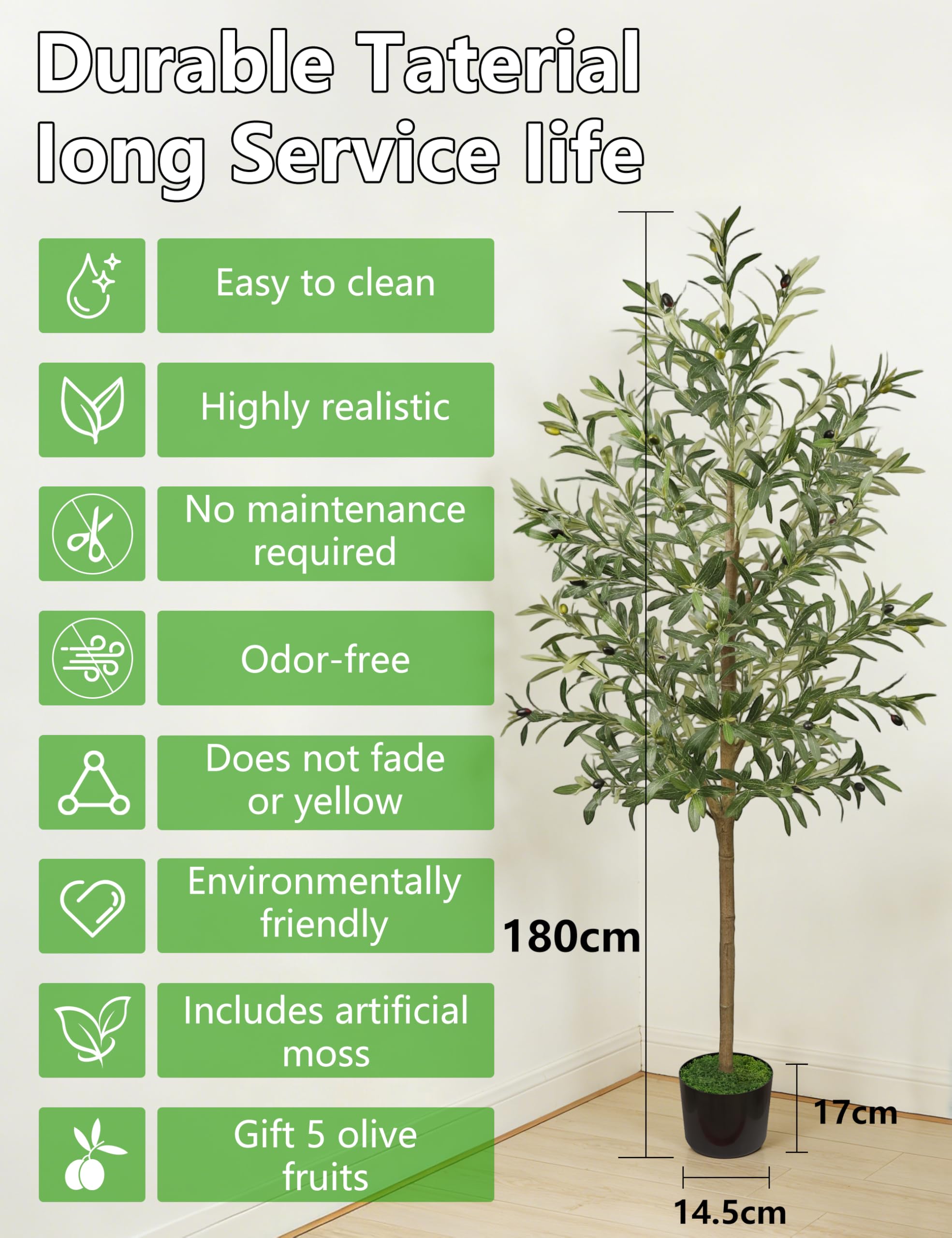 Ulivo artificiale, 180 cm PE, albero artificiale con vaso nero, pianta artificiale realistica per interni ed esterni, decorazione casa soggiorno ufficio hotel centri commerciali