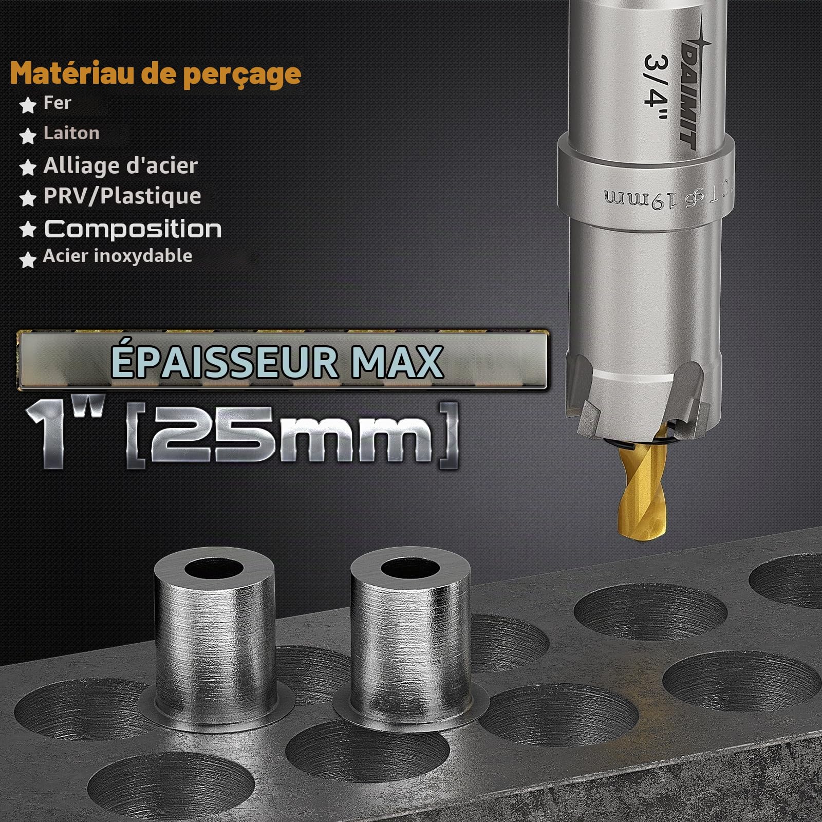 DAIMIT Kit de scies trépans TCT 19 PCS, 14–60 mm Scies trépans en carbure de tungstène robustes pour métal, acier inoxydable, fer, bois et plastique, avec 3 forets pilotes démontables et 3 clés Allen
