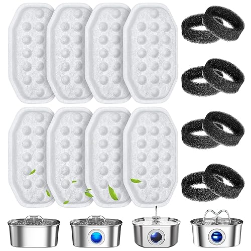 16 Pcs Cat Water Fountain Filters Replacement & Pre-Filter Sponges for 108oz/3.2 Stainless Steel Pet Water Fountain with Water Level Window - 8 Filters & 8 Sponges