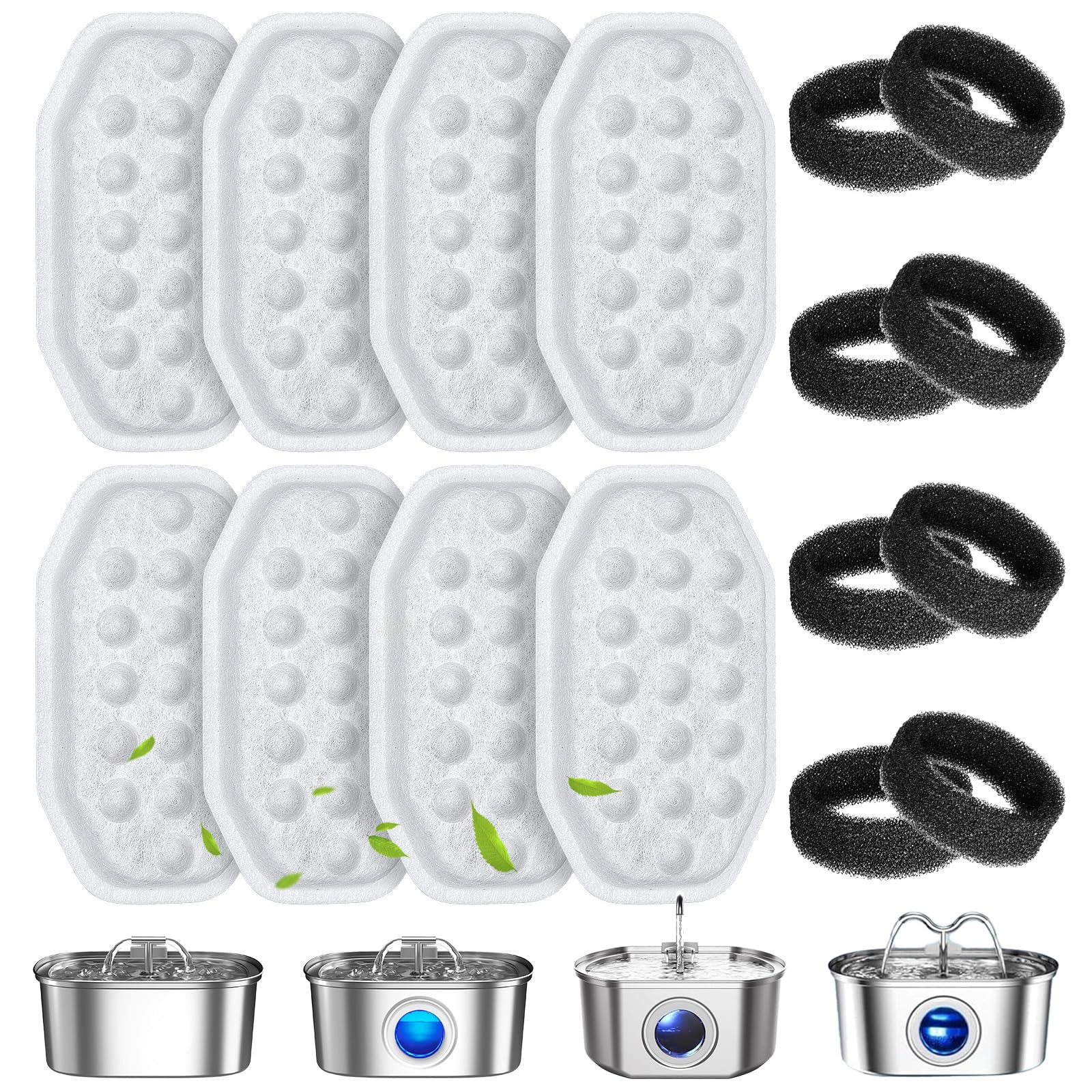 16 Pcs Cat Water Fountain Filters Replacement & Pre-Filter Sponges for 108oz/3.2 Stainless Steel Pet Water Fountain with Water Level Window
