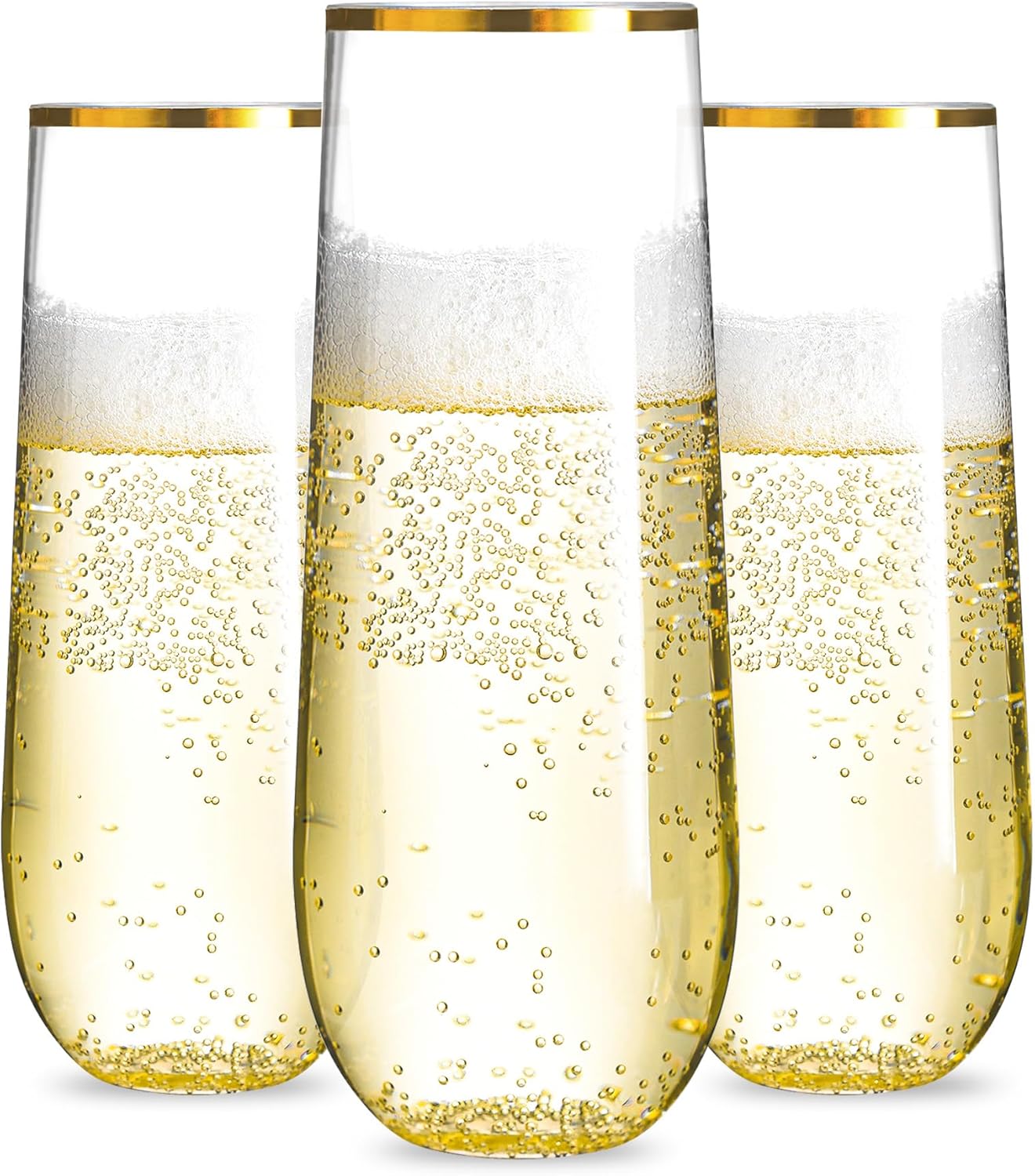 N9R 36PCS Plastic Champagne Flutes, 9 Oz Stemless Disposable Gold Rim Toasting Glasses, Crystal Clear Cocktail Cups Drinkware Shatterproof Ideal for Party Wedding Birthday