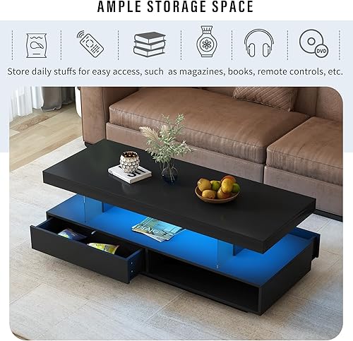 Miniatura 5 de Mesa de centro LED con 2 cajones de almacenamiento y estante de exhibición, mesa de cóctel central moderna de 51.2 pulgadas de largo para sala de