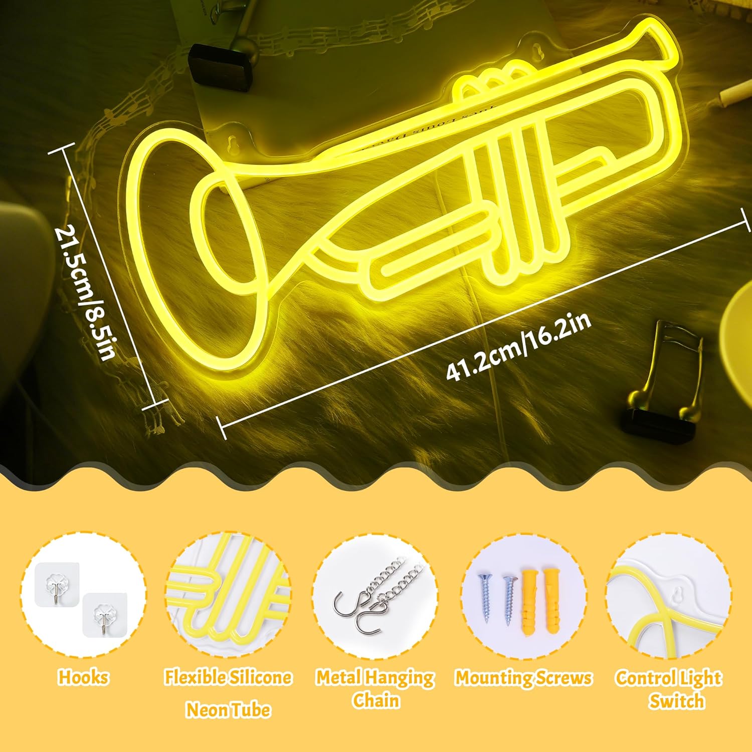 CoolGift Mart Trumpet Neon Sign, Dimmable LED Trumpet Room Decor Light With USB Powered, Decorations for Bedroom Living Room Club Music Studio, Gifts for Trumpet Enthusiasts Music Lovers