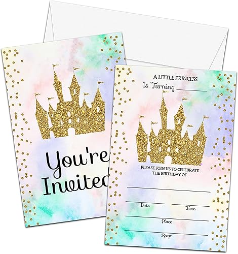 Tarjetas de invitaciones de cumpleaños de castillo de princesa para niñas, invitaciones de relleno de purpurina dorada de doble cara, suministros