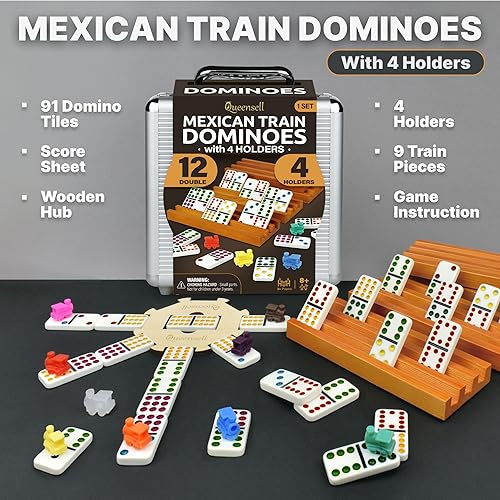 Vista 2 de Juego de Dominó Tren Mexicano con 4 Soportes - Dominó Doble 12 con Centro de Madera y Soportes para Fichas - Juego de Dominó Doble 12 para Noche