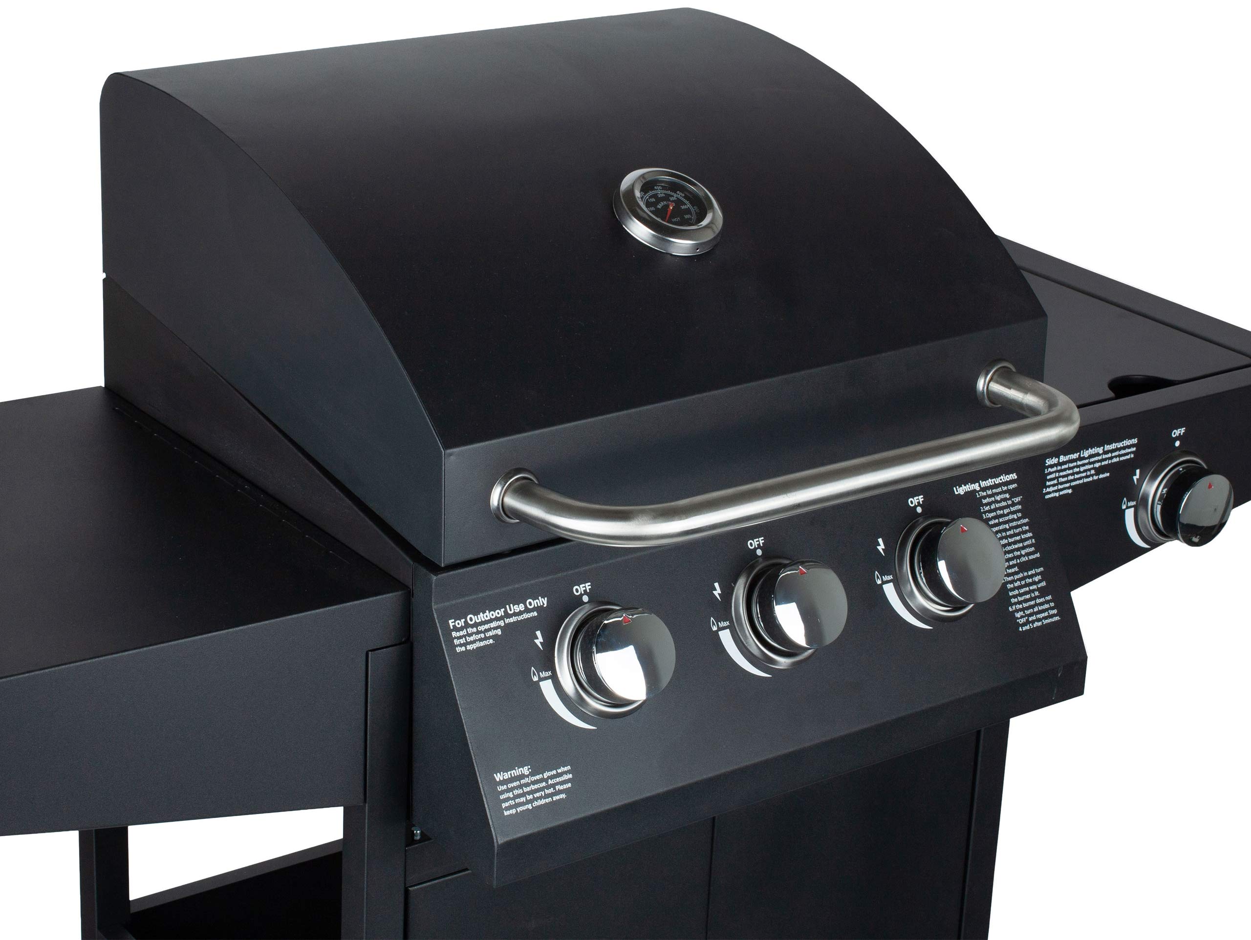 GrillMaster Grill Gazowy PartyTogether 3+1 + Pokrowiec, Ogrodowy, Na Gaz, z Termometrem, z Kółkami, z Dodatkowym Palnikiem