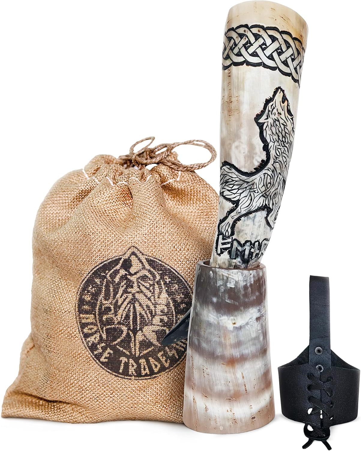 Norse Tradesman Genuine 12" Ox-Horn Viking Drinking Horn with Exquisite Hand Engraved Wolf & Celtic Knot, Black Leather Belt Holster, Fitted Stand & Burlap Gift Sack Included - Wolfsbane, 12-In
