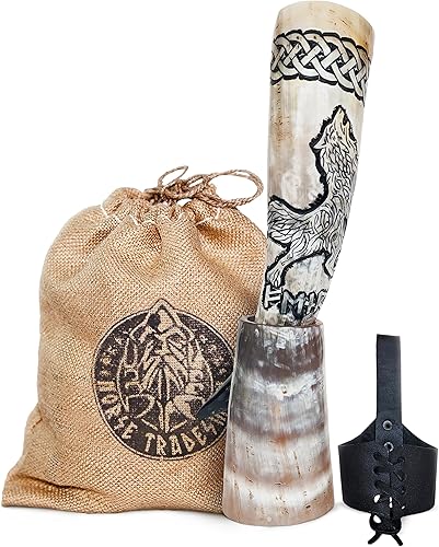 Norse Tradesman Cuerno vikingo de cuerno de buey genuino de 12 pulgadas con exquisito lobo grabado a mano y nudo celta, funda de cinturón de cuero