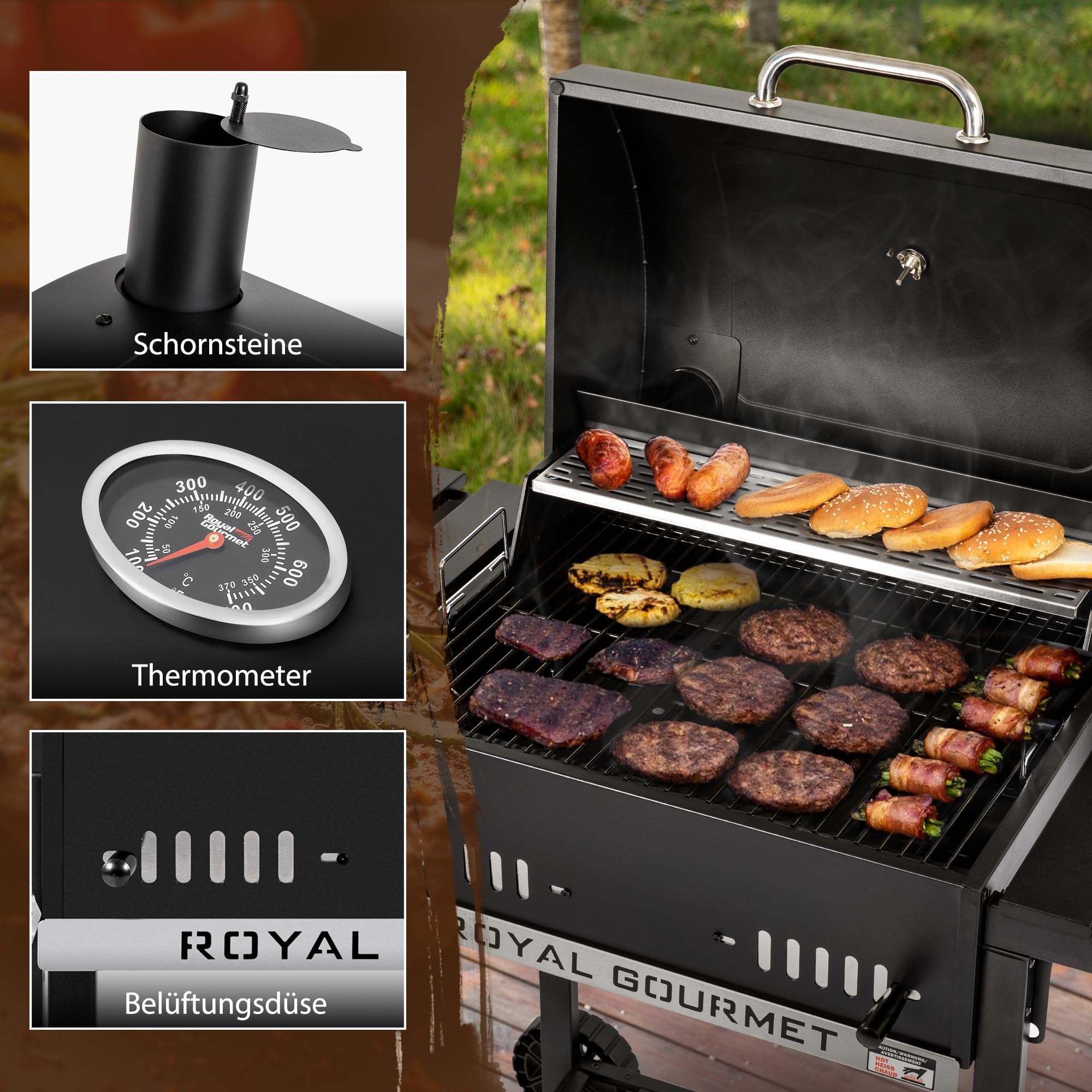Royal Gourmet Barbecue au charbon de bois avec étagères latérales rabattables, fumoir sur pied avec décekl, thermomètre, barbecue à charbon noir