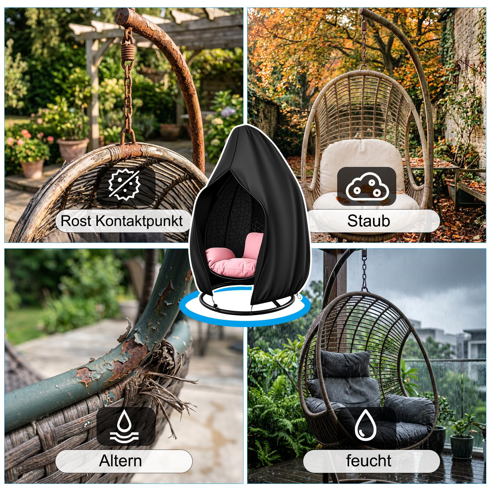 Hängesessel Abdeckung hängesessel Outdoor, 420D Oxford Abdeckung Gartenmöbel mit wasserdichtem Reißverschluss & Kordelzug, Winddichte Schutzhülle Hängestuhl für Eiersessel & Hängeliege, 190x115cm