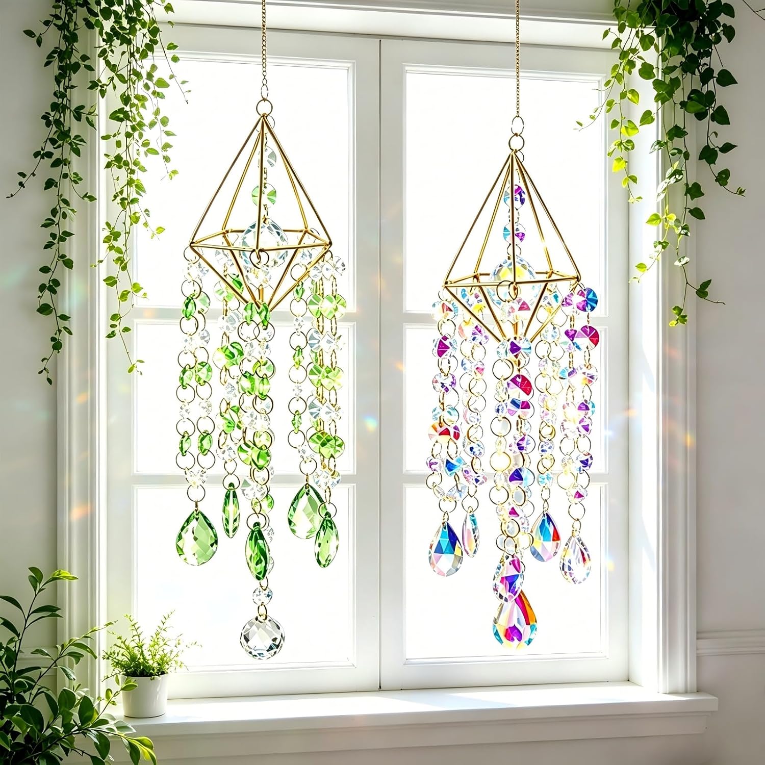 2 Sets Crystal Suncatcher Wind Chimes for Window Hanging, Rainbow Prism Crystal Sun Catchers Indoor Hanging Decor for Home, Garden, Plant & Wedding (AB Green)