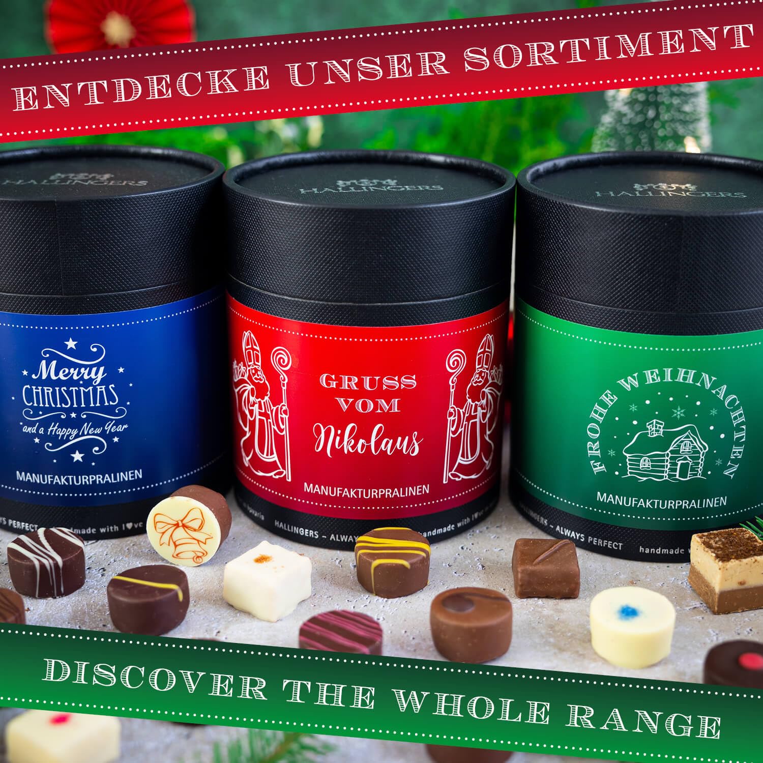 Hallingers Genuss Manufaktur Pralinen Weihnachts-Geschenk - ohne Alkohol, handmade aus Confiserie-Edelkakao in wertiger XXL-Geschenkdose "Merry Christmas", Weihnachten für Frauen Männer