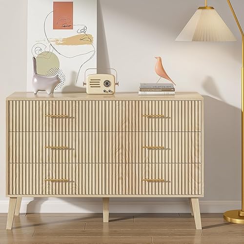 Miniatura 2 de Cómoda Accent de 6 cajones, cómoda moderna con panel estriado, sala de estar, dormitorio, cuarto de bebé, entrada y pasillo (roble)