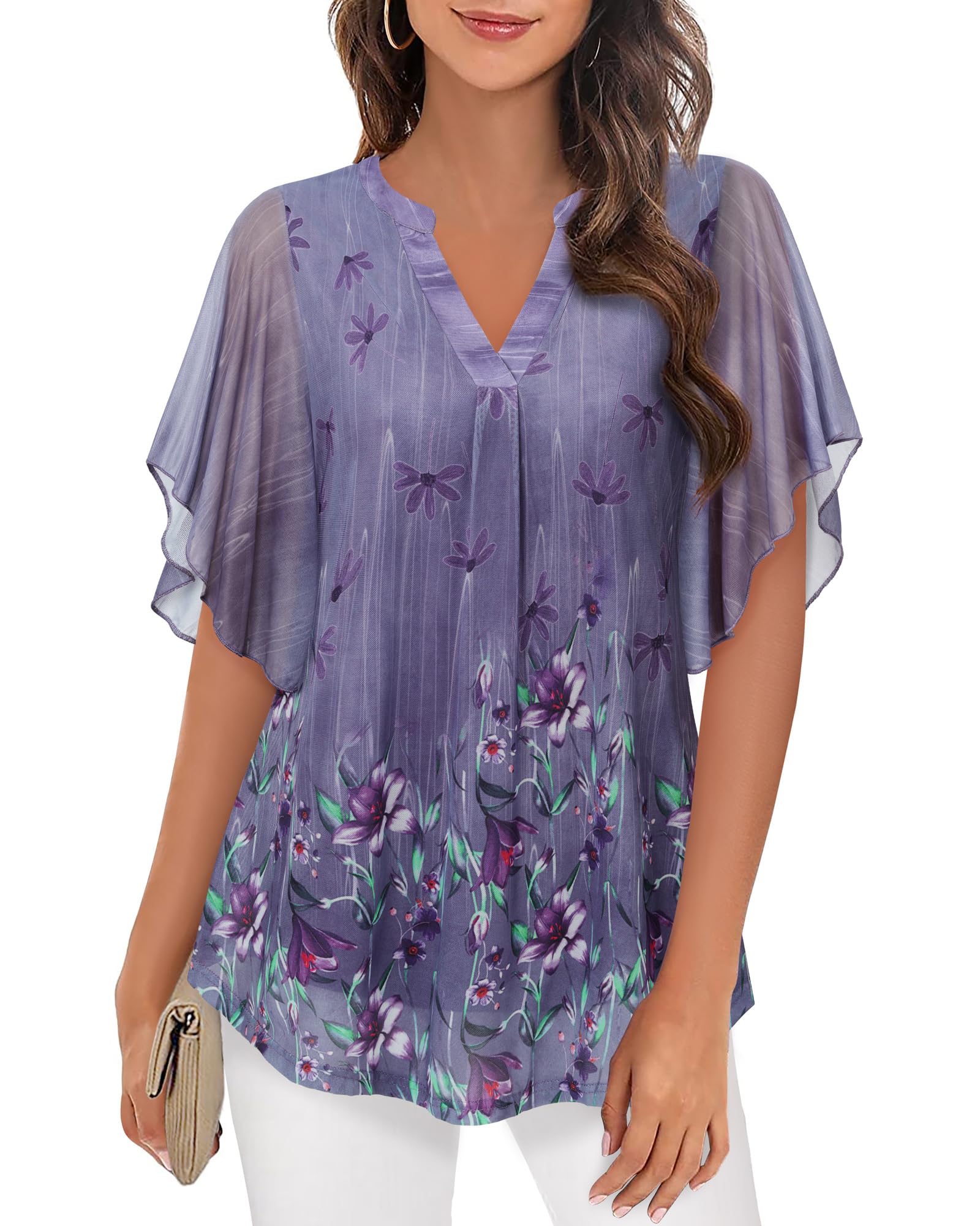 Vafoly Bluse Damen Elegant Kurzarm Sommer Tunika V-Ausschnitt Mesh Oberteil Blumen Doppellagige Tunika