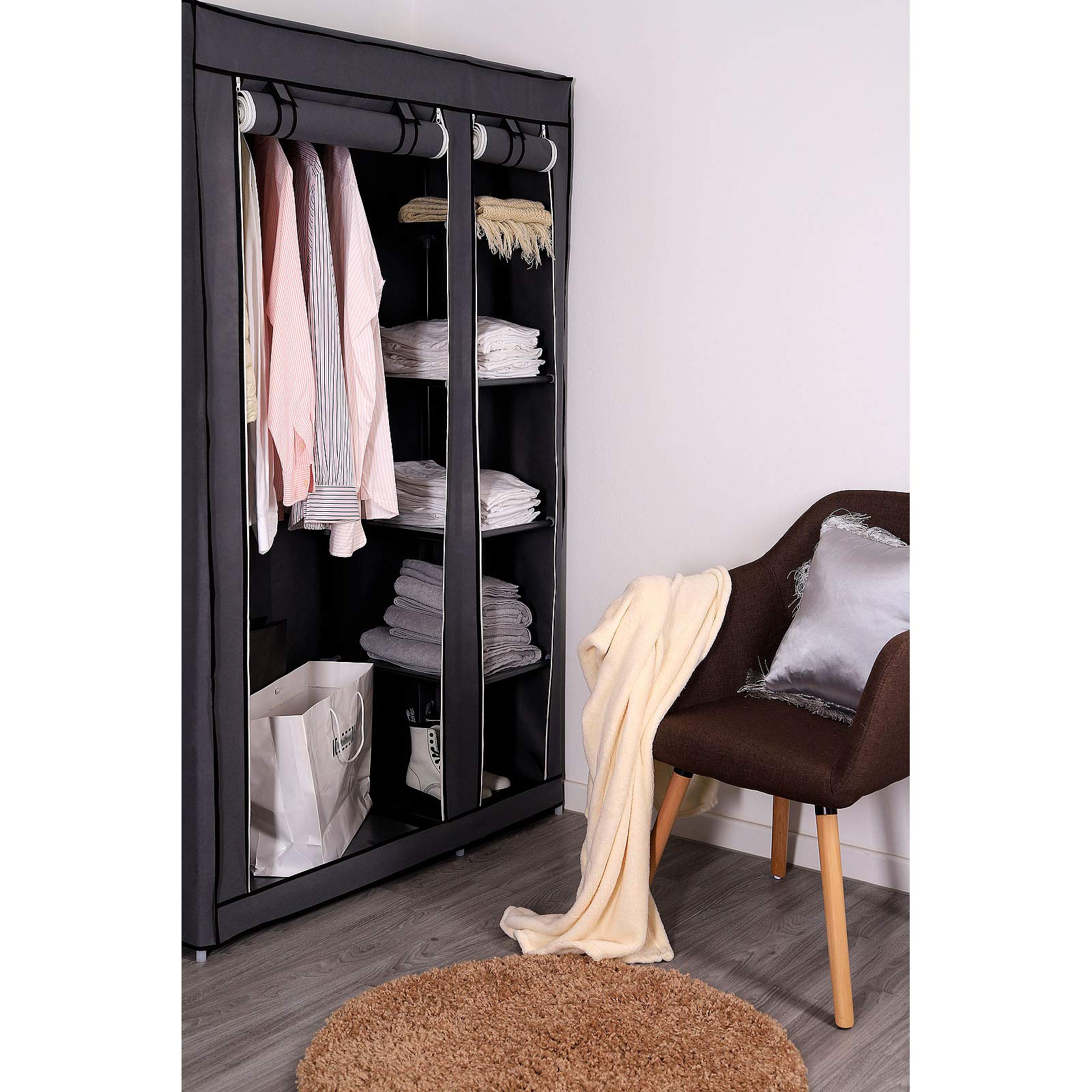 dibea Armoire en Tissu Pliable, 110x45x175 cm, penderie Textile Peu encombrante avec étagères, Respirante et Stable, Tige à vêtements, revêtement PP Facile à Nettoyer, Gris