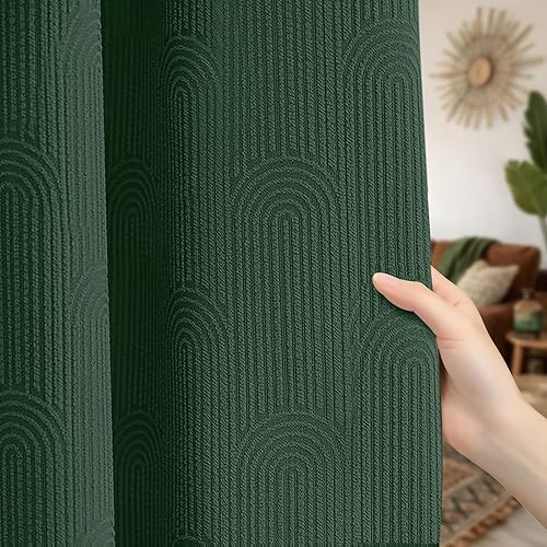 Dark Green Boho Blackout Curtains 2 Panels Mid Century Modern Patterned Cotton Textured Drapes for Bedroom & Living Room 52W*63L