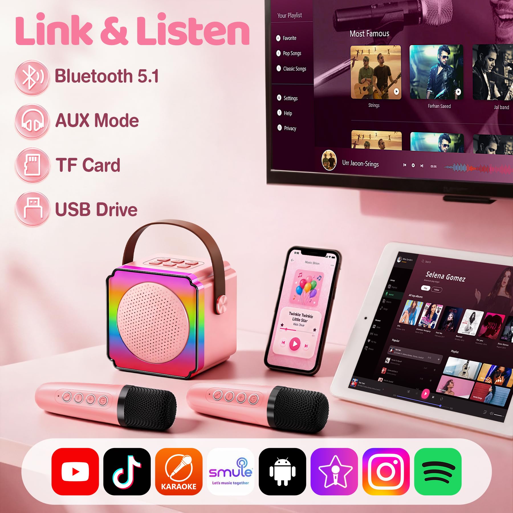 Gontence Karaoke con Microfono, Regalo Compleanno Bambina 3-12 Anni, Karaoke per Bambini con 2 Microfoni Wireless, Luce LED e Cambia Voce, Giocattolo Karaoke per Ragazzi e Ragazze 3-15 Anni