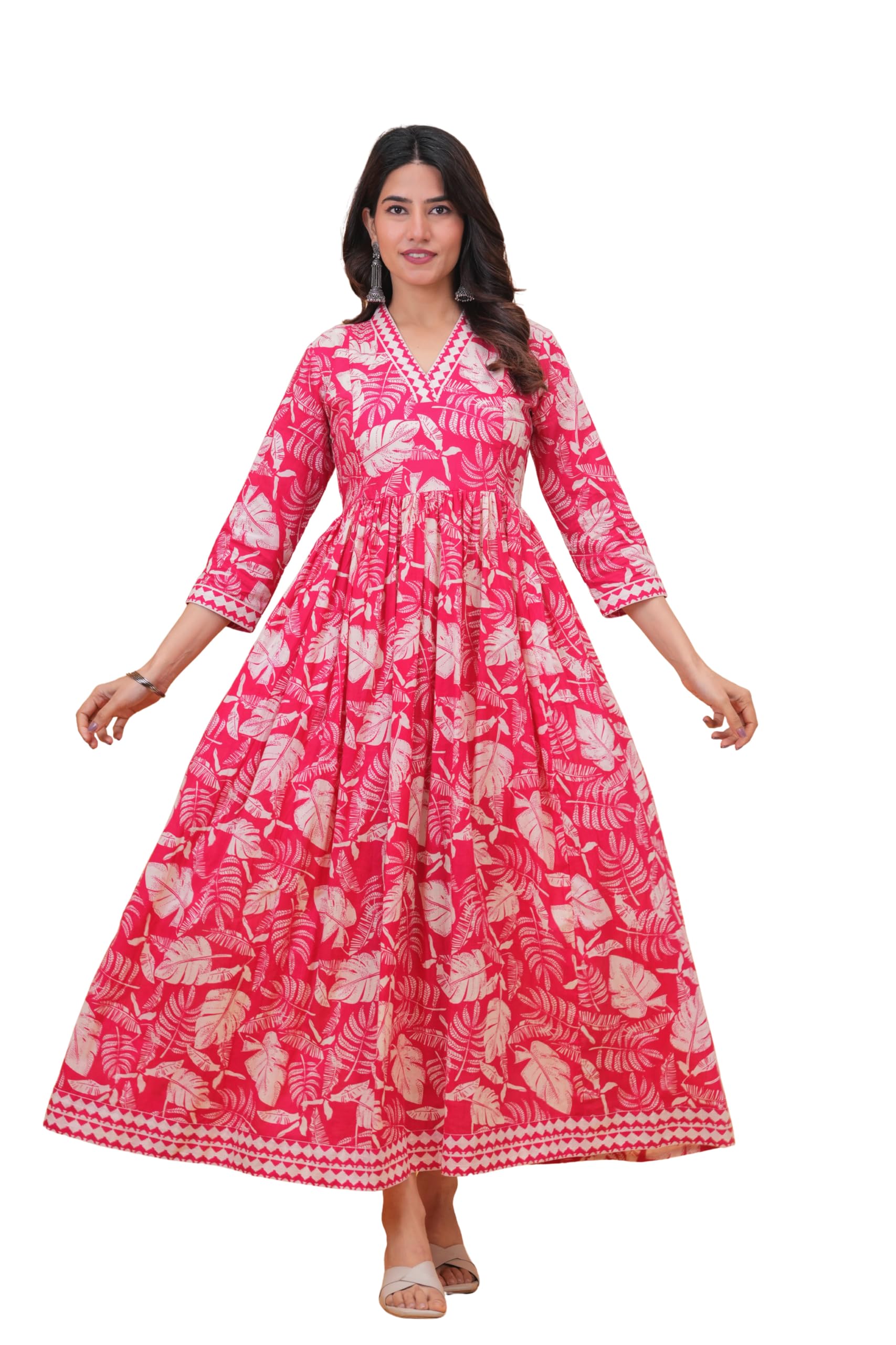 shansh Women's Cotton Maternity Feeding Maxi Dress, Floral Printed Nursing Anarkali Gown, A-Line, 3/4 Sleeve, Ankle Length-picture-49