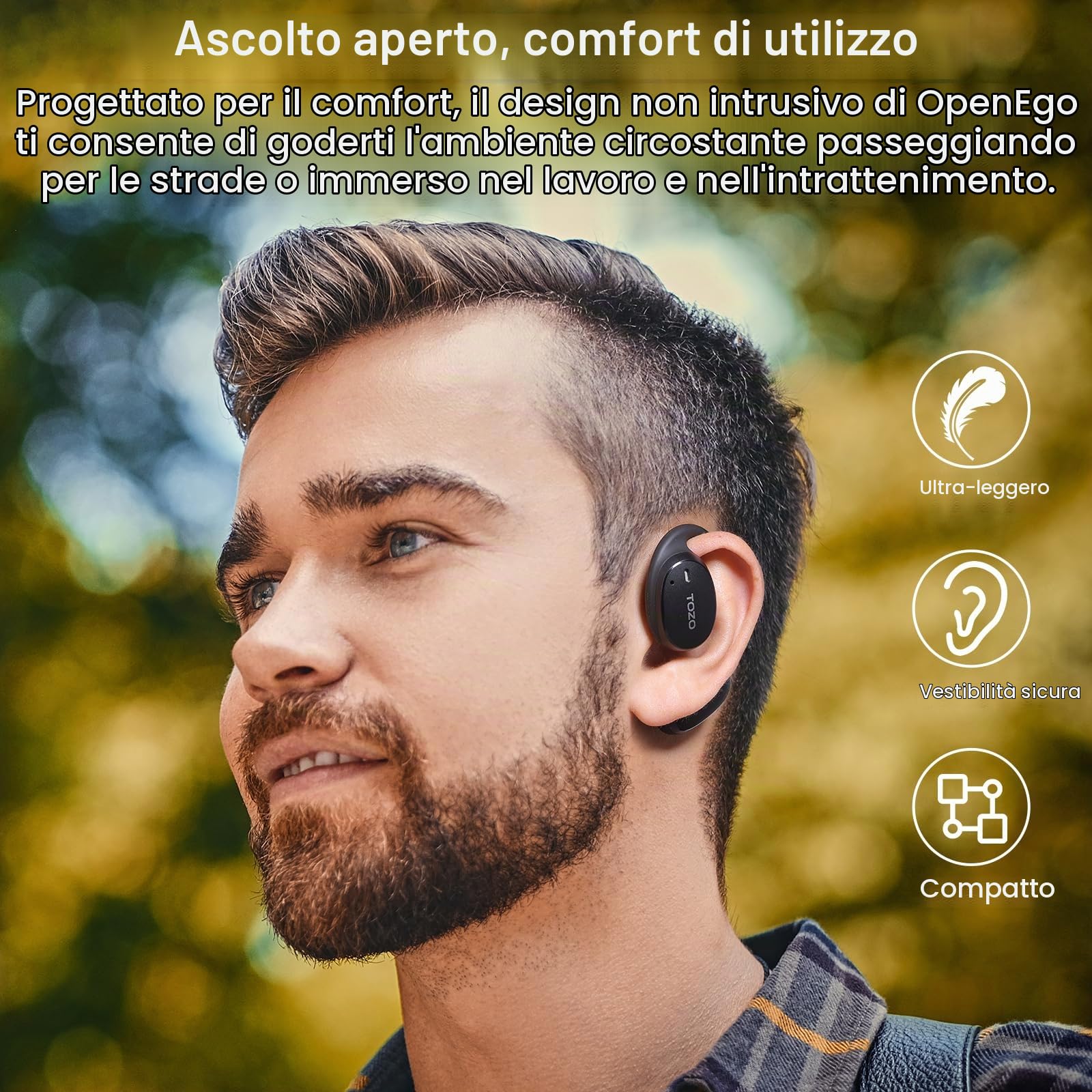 TOZO OpenEgo Cuffie Bluetooth 5.3 com ORIGX Acustica Ultraleggero | Auricolari Open Ear, 16.2mm Controllore, ENC Chiamata, EQ Regolazione, Comfort Garantito per Corsa, Viaggi e Ufficio