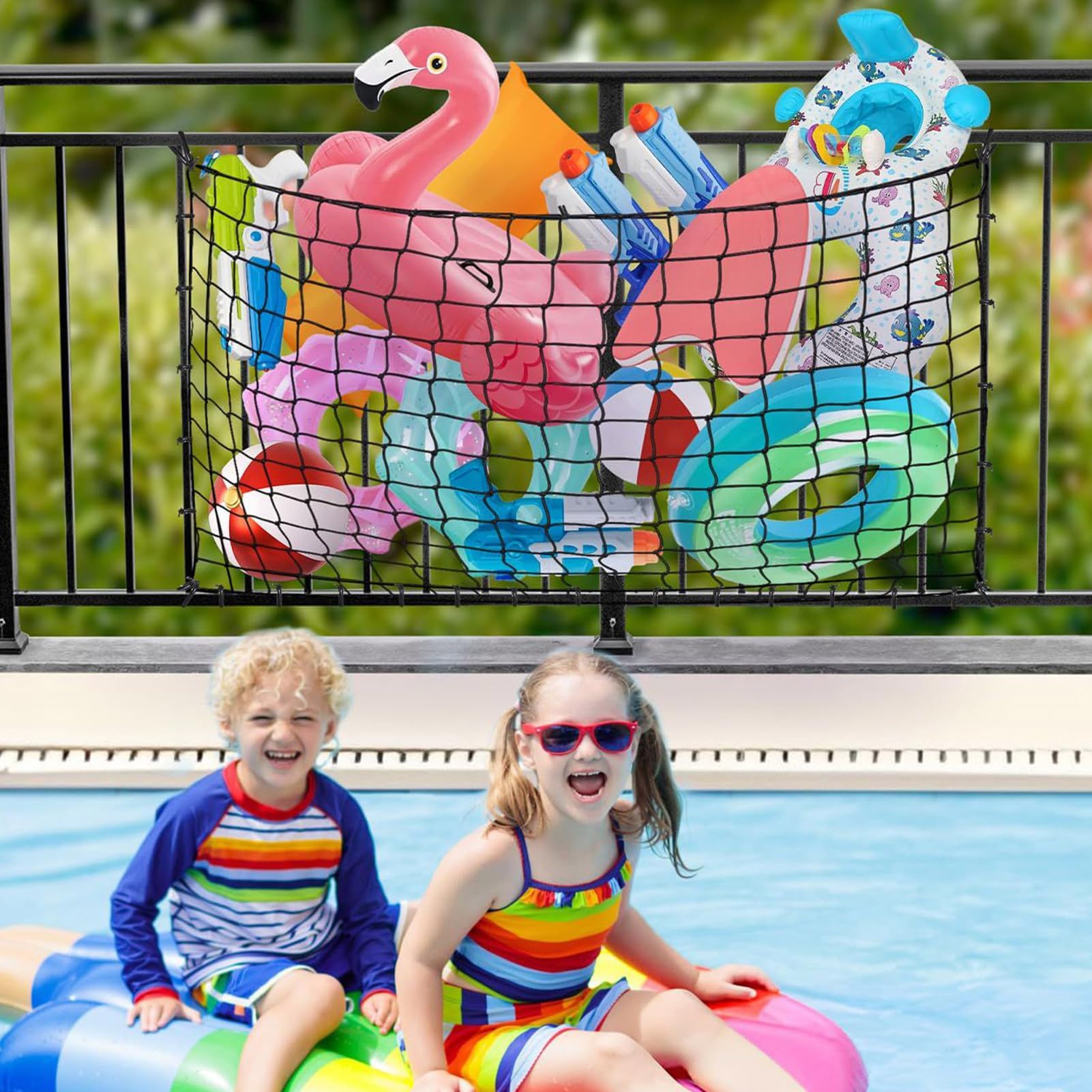 Pool Toy Storage Net, Large Mesh Organizer, Heavy Duty Storage Bag Black Design, Wall-Mount Netting with 20 Screw Hooks, for Inflatable Rafts, Beach Balls, Swim Chairs, Float Toys