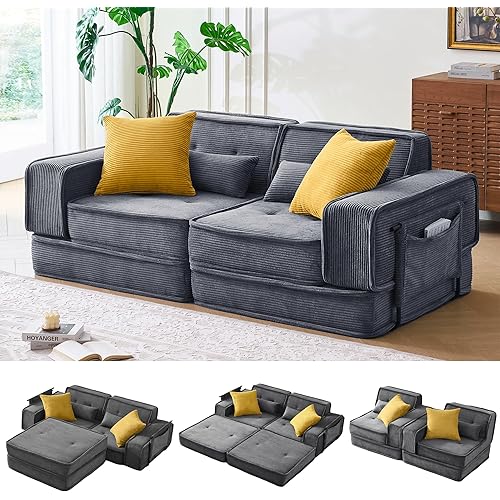 Modular Sofa Bed, No Assembly Required Sectional Couch for Living Room, Compressed Cloud Couch with Corduroy Fabric & Lumbar Pillows, Small Space Furniture Grey