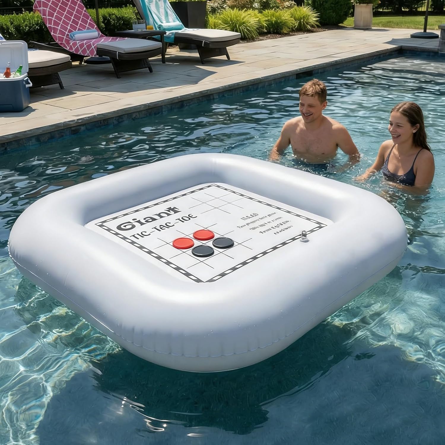 3-in-1 Pool Games Set Inflatable Giant Tic Tac Toe Checkers Board Game with 24 Chips 3.48Ft Double-Sided Foldable Float Water Toys Outdoor Play for Summer Swimming Pool Family Reunion Party