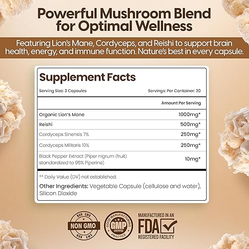 Miniatura 7 de Suplemento orgánico de hongos melena de leones – 12500 mg cápsulas de hongo melena de león con Cordyceps y Reishi para apoyo inmunitario –