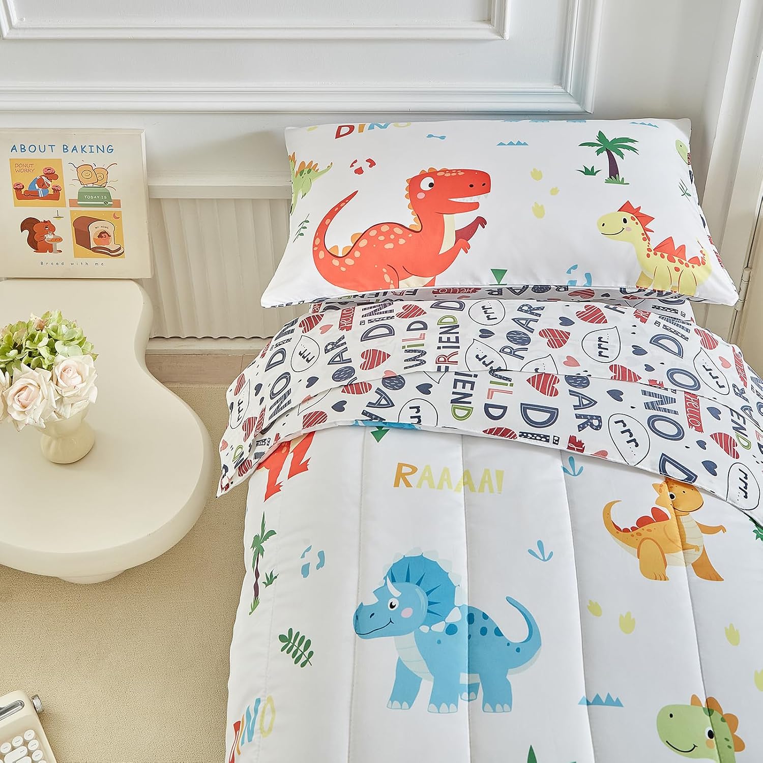 Dinosaur Toddler Bedding Set for Boys Girls 4 Pieces Toddler Bed Set - Ultra Soft Cartoon Cute Orange Yellow Blue Green Dinos - Comforter Fitted Sheet Flat Sheet Pillowcase White