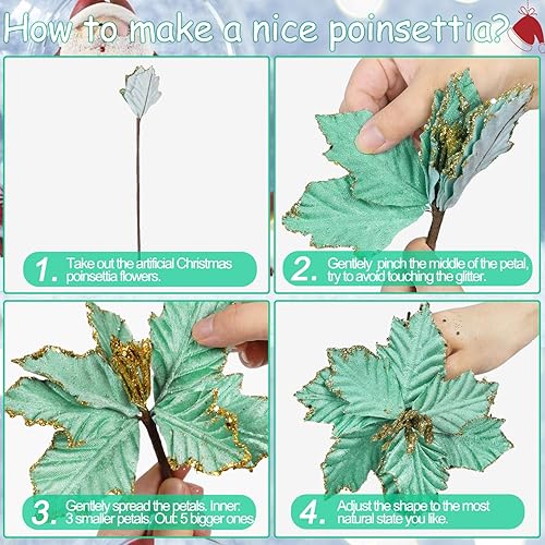 Miniatura 4 de Cekene 10 flores de Pascua artificiales de Navidad, flores de pascua azules con purpurina y tallo para árbol de Navidad sintético, decoración de