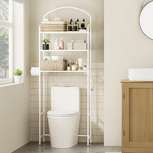 Miniatura 2 de Almacenamiento de 3 niveles sobre el inodoro, organizador de baño, ahorro de espacio, estante de almacenamiento sobre el inodoro con 4 ganchos y