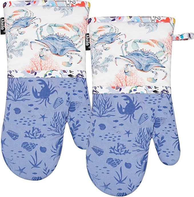 Oven Mitts, Heat Resistant with Soft Quilted Cotton Lining Set of 2, Fashion Crab Design with Silicone Printing Anti-Slip Kitchen Gloves for Safe Backing Cooking Barbecue (Lilac,Crab)