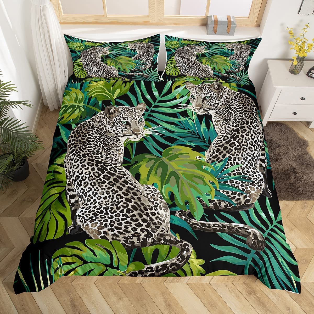 Homewish Funda de edredón con estampado de leopardo 3D, funda de edredón con estampado de guepardo, hojas de palma tropicales, juego de ropa de cama de animales de safari africano, funda de edredón de