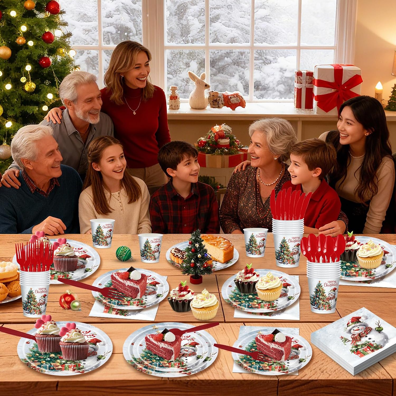 168 PCS Christmas Party Supplies Serve 24 Guests Merry Christmas Plates and Napkins Party Decorations Disposable Dinnerware Set Decor Snowman and tree
