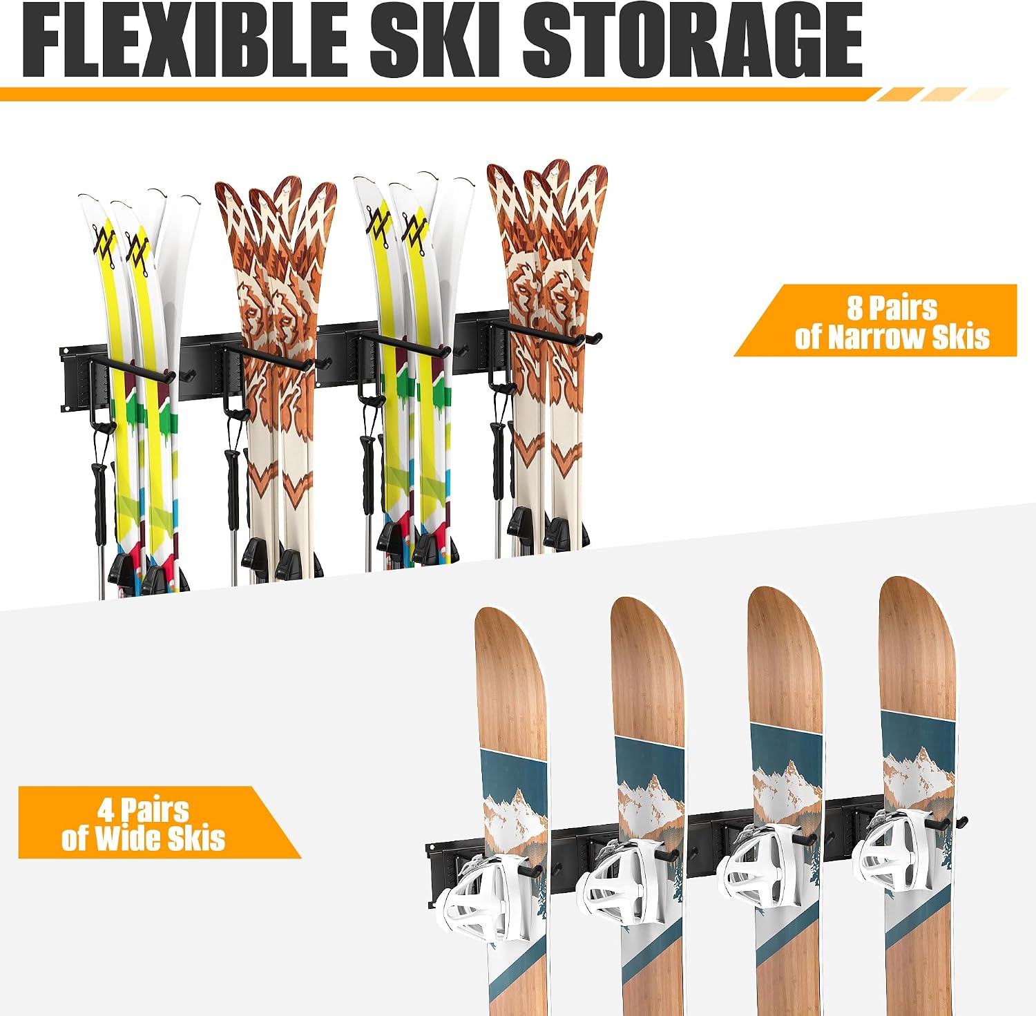Ski Storage Rack, Wall Mounted Snowboard Holder for Garage | 8 Pairs of Ski Hanger for Home Shed, 16-Inch Mounting Hole Spacing