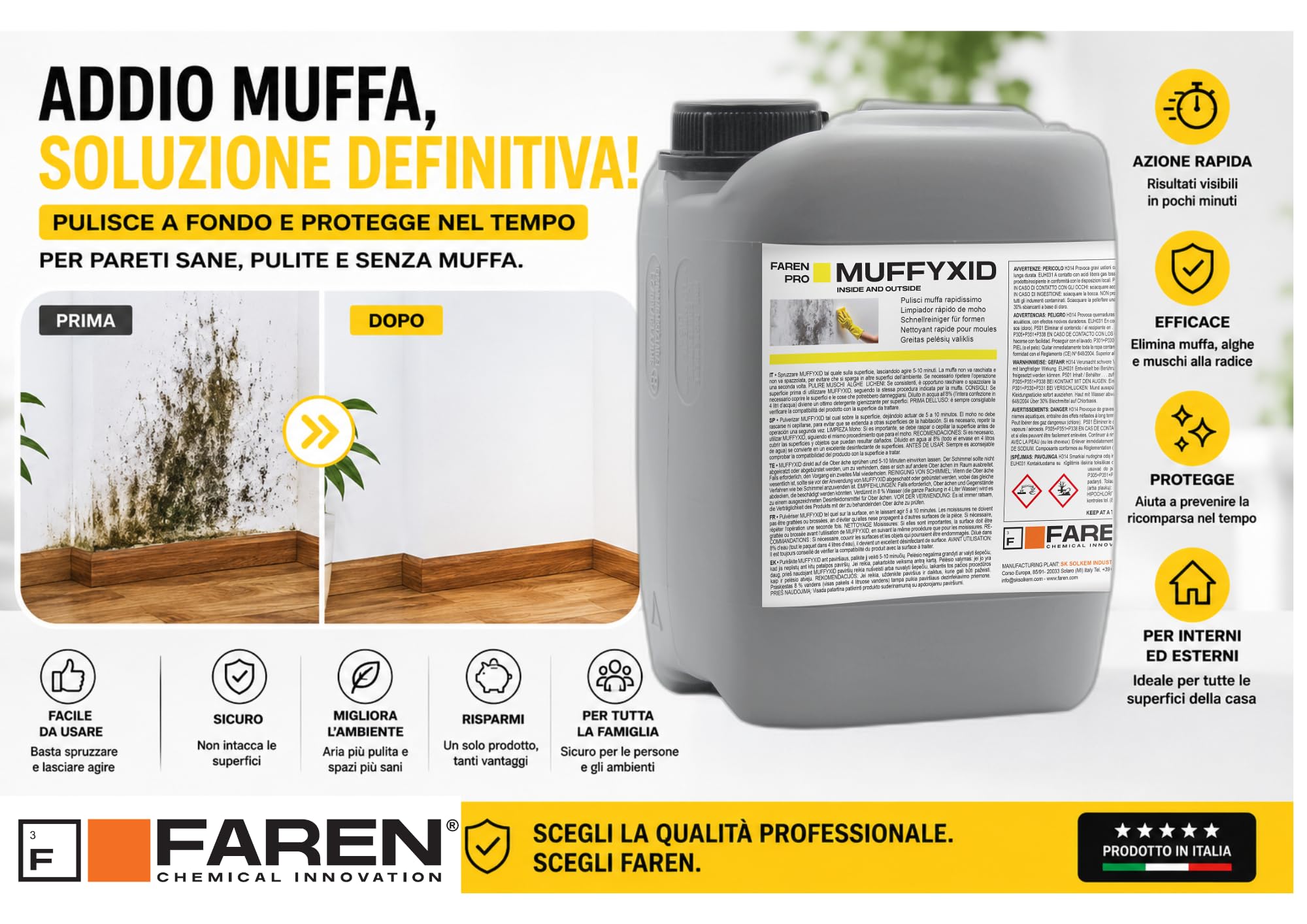 Faren Muffyxid - Limpiador de moho de acción rápida, desinfectante, elimina rápidamente moho, hongos, musgos y algas, retrasa la reaparición, 5 litros (4 unidades)