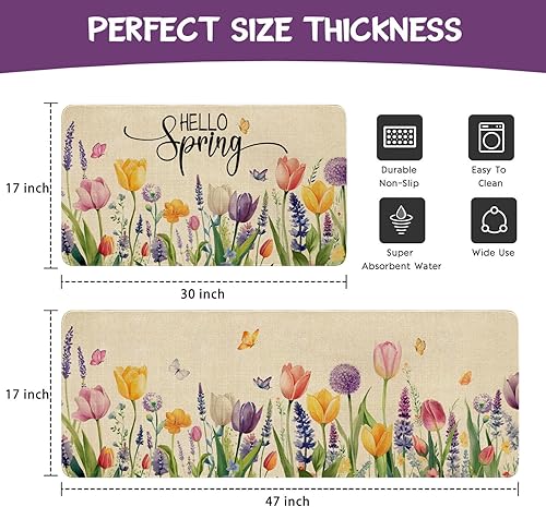 Miniatura 6 de Xsinufn Juego de 2 alfombras y tapetes de cocina de granja de primavera, diseño de tulipán lavanda, antideslizante, lavable, tapete decorativo para