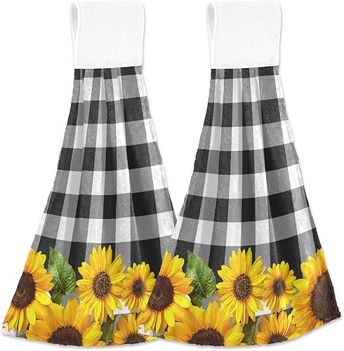 ALAZA Juego de 2 toallas de cocina colgantes con diseño de girasol amarillo y negro, blanco y negro, juego de toallas de mano, paños absorbentes