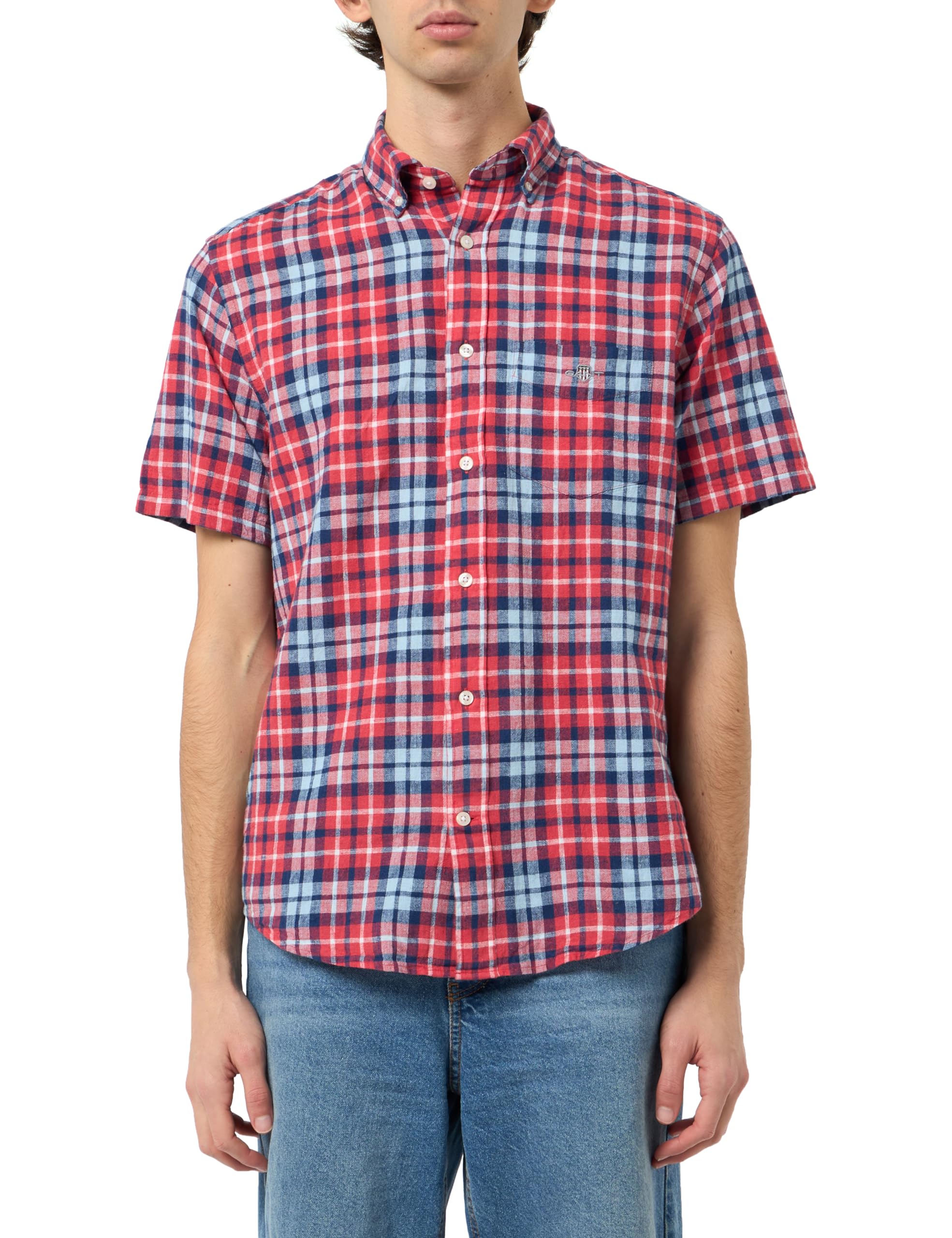 GANT Men's Reg Cotton Linen Check Ss Shirt, Ziegelrot, XL
