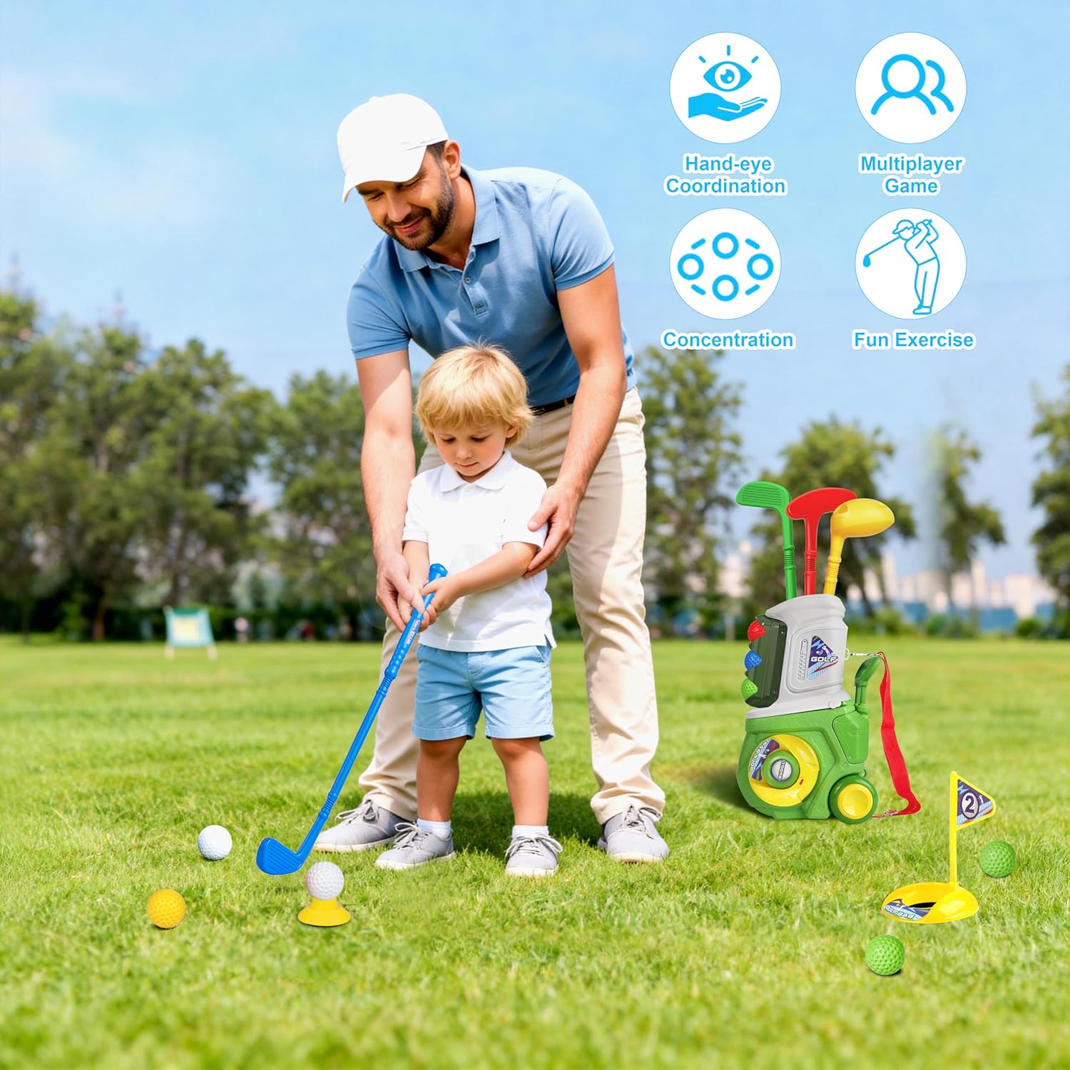 Toddler Golf Set, Kids Golf Set for Ages 1 2 3 4 5 Years Old Boys Girls with 4 Plastic Golf Clubs 10 Balls, Indoor Outdoor Baby Toddler Golf Clubs Set Toy with Cart Sport Toy Birthday Gifts Green