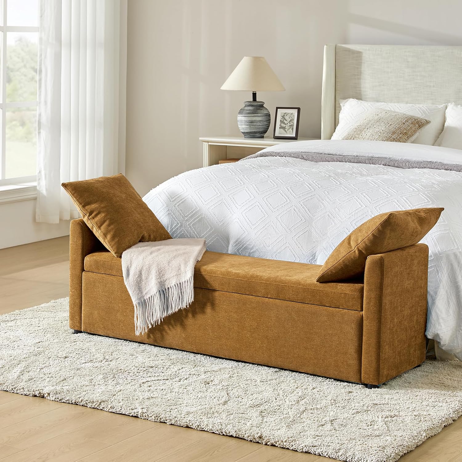 HULALA HOME 59" Storage Bench with 2 Throw Pillows & Armrests, Golden