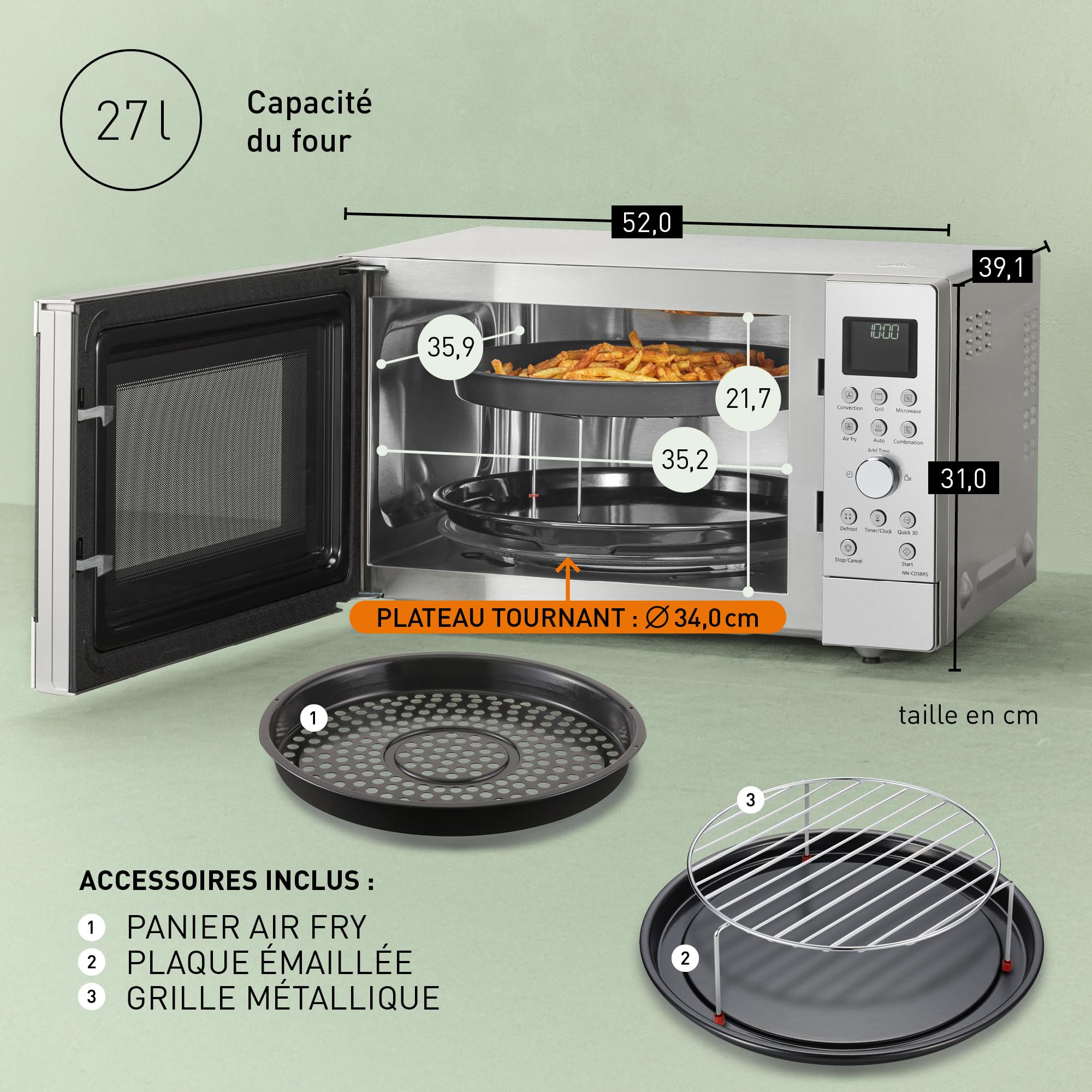 Panasonic NN-CD58RSEPG Four à Micro-Ondes combiné 4-en-1, 27 L avec mode Airfryer, Inverter 1000 W, Gril 1300 W, Chaleur Tournante, 19 Programmes Automatiques, Bouton rotatif, Acier Inoxydable