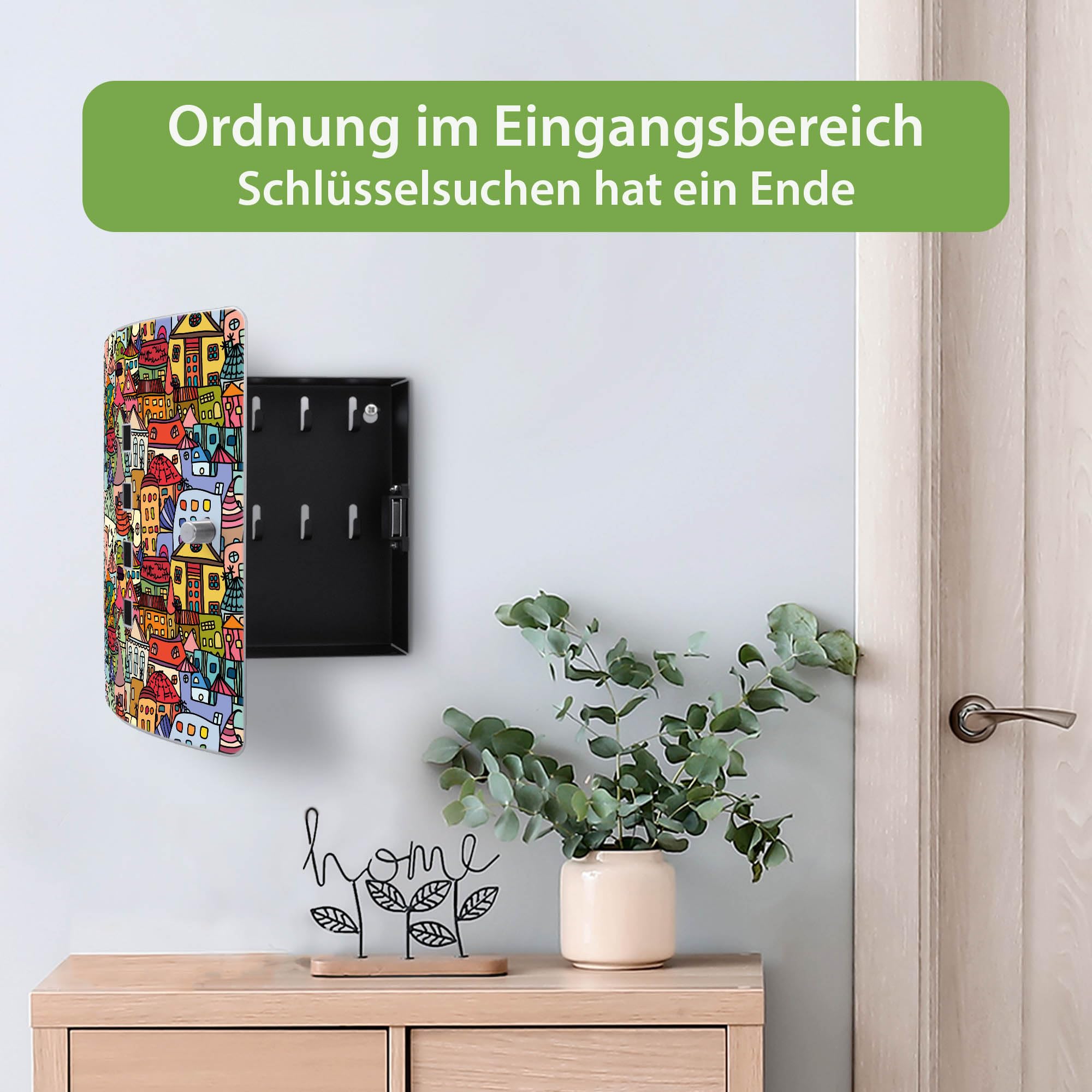 banjado Design Schlüsselkasten aus Edelstahl für 10 Schlüssel - Schlüsselschrank zur Schlüssel Aufbewahrung 24 x 21,5 x 7cm groß mit praktischem Magnetverschluss - Motiv Funky Town