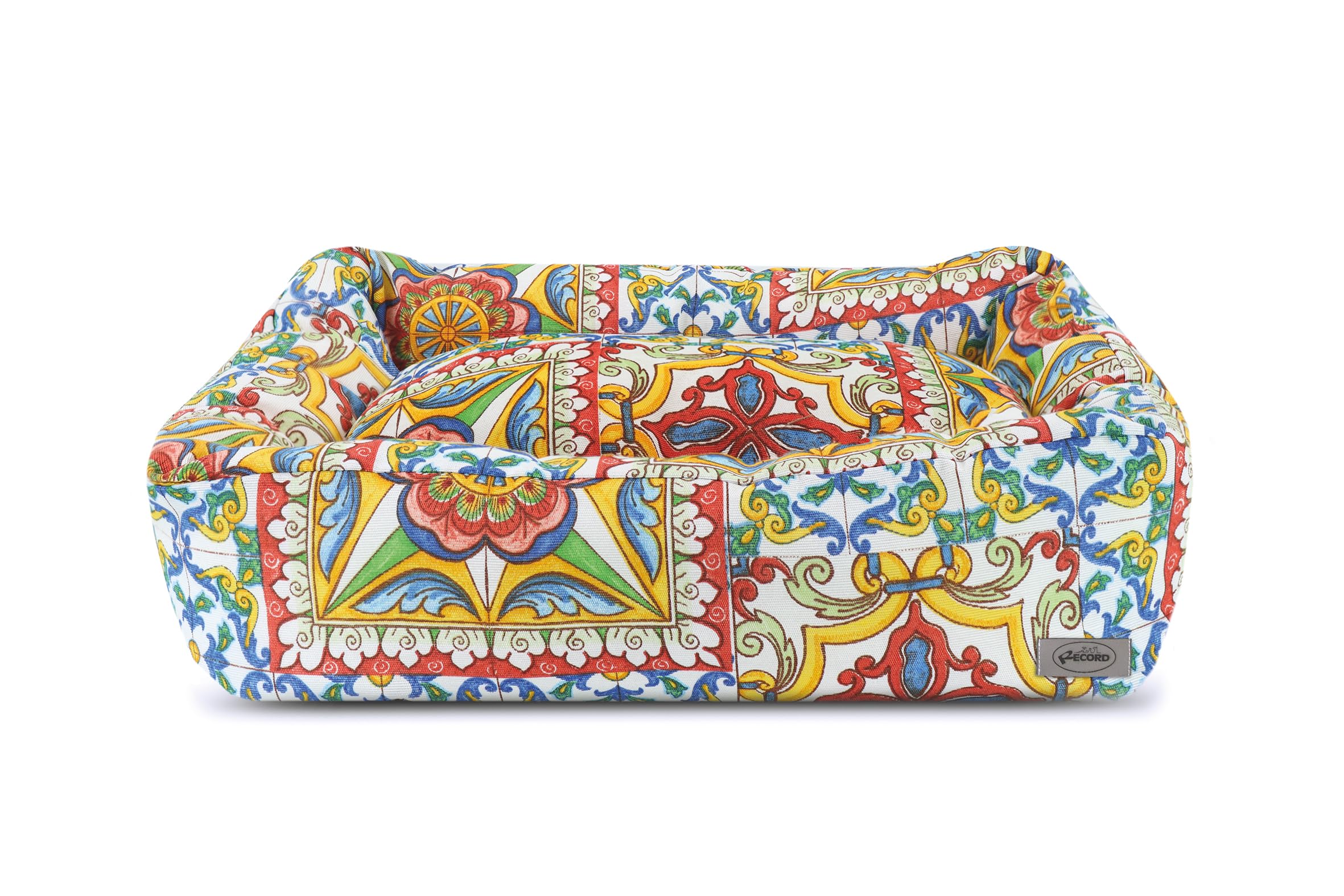Record - Caseta para Perros Sicilia. Cama para Perros con diseño de Mosaico de Estilo Carro Siciliano, Tejidos Suaves y Relleno Suave para un Confort óptimo | M – 70 x 50 x 20 cm