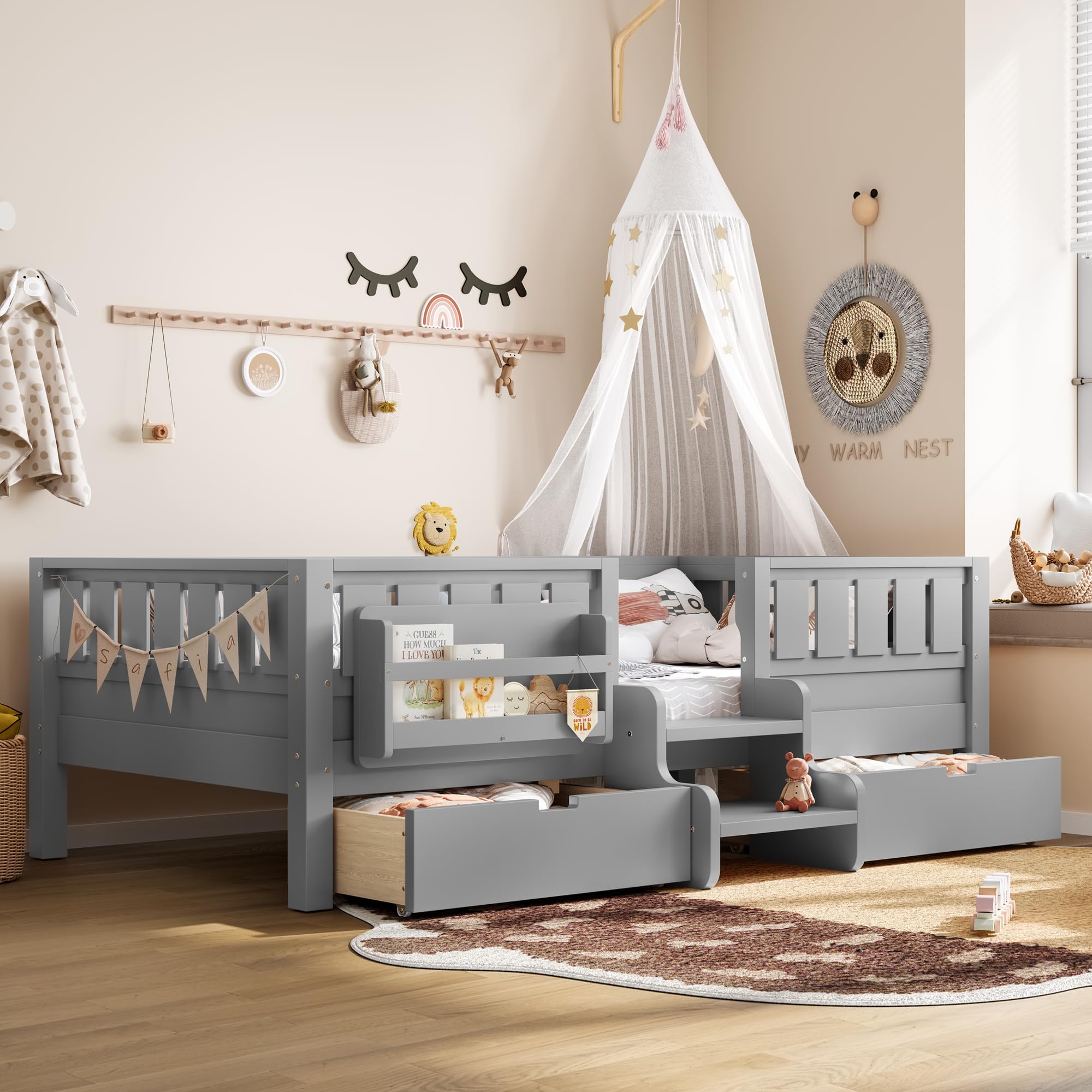 Photo 1 of **PARTS ONLY** Bellemave Twin Montessori Bed with Stairs, Rails and Slats, Twin Size Montessori Floor Bed with Bookshelf and 2 Storage Drawers, Easy Assemble Beds Frame for Girls, Boys, Gray
