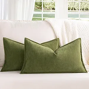ZWJD Olive Green Pillow Covers 12x20 Set of 2 Chenille Throw Pillow Covers with Elegant Design Soft and Luxurious Decorative Throw Pillows for Couch, Bed, and Home Decor