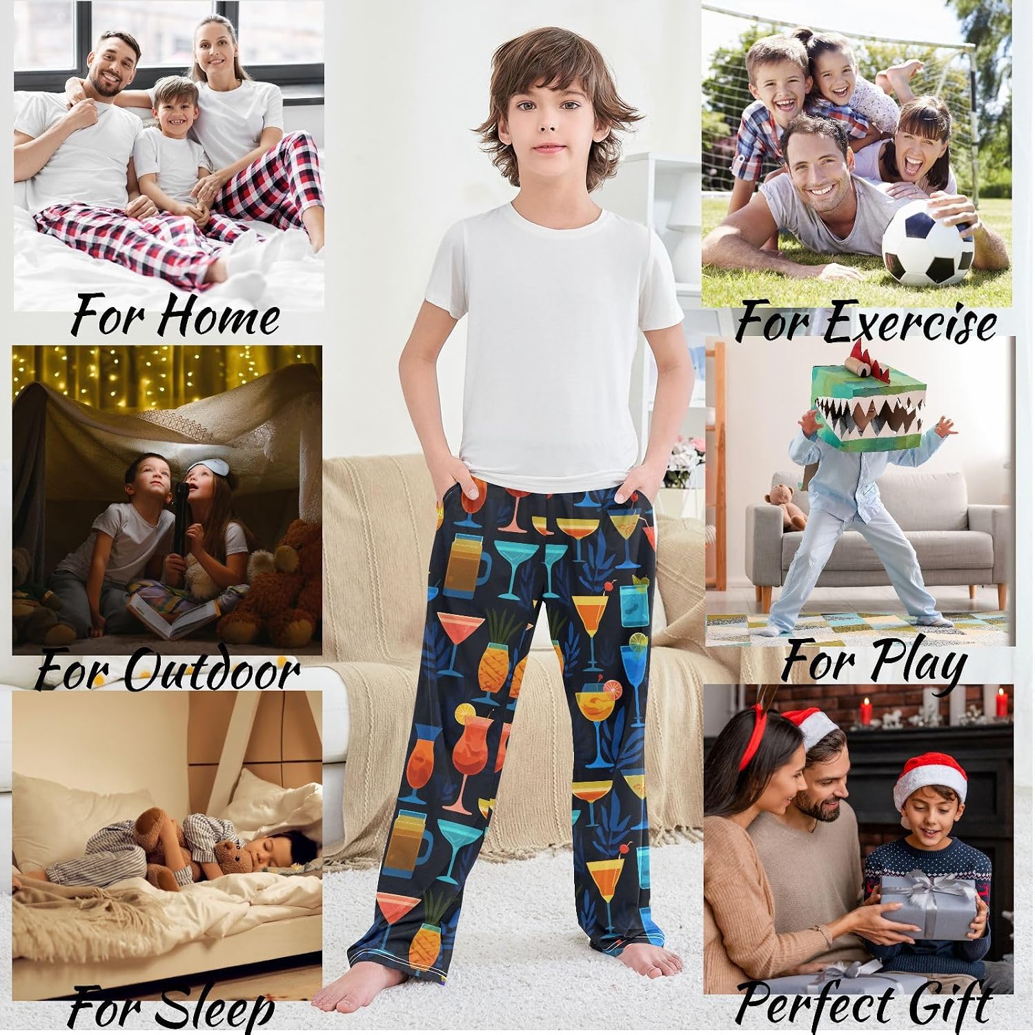 visesunny Boys' Pants Tropical Cocktail Glasses Jogger Pants Elastic Waist Long Bottoms Trousers with Pockets S-XL